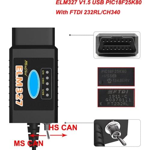 ELM 327 V1.5 USB FORScan For Ford Car Diagnostic PIC18F25K80 FTDI/CH340 ELM327 V1.5 HS CAN/MS CAN OBD 2 OBD2 Scanner Auto Tool