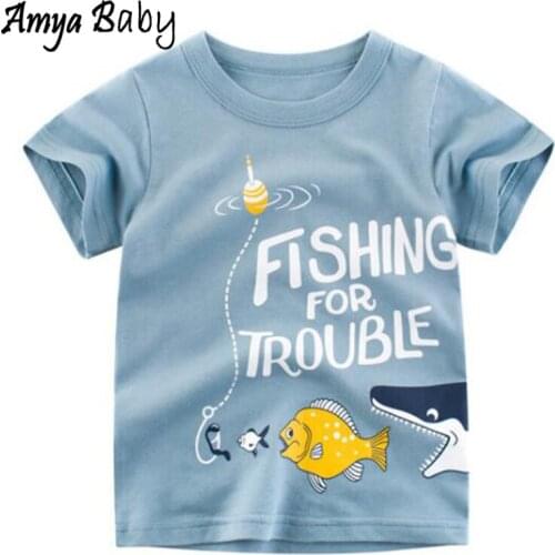 Amya Baby Boys Shark Shirt Short Sleeve Cotton Cartoon Fish Letter Print Toddler T Shirts Kids Clothing Birthday Tops