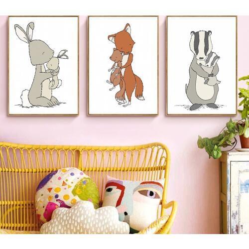 Woodland Nursery Wall Art Mama and Baby Hug Bunny Fox Badger Cartoon Poster Canvas Print Painting Nordic Decoration Wall Picture