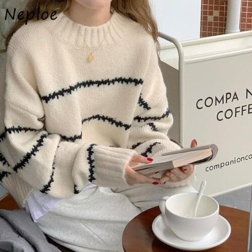Neploe Fashion Outer Wear Women Spring Autumn Sweater O-neck Vintage Striped Knttied Pullovesrs Female Long Sleeve Loose Sweater