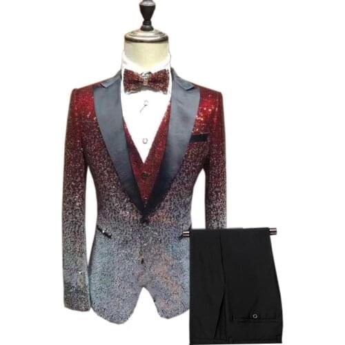 3 Pieces Men Suits Sequins Material and Black Groom Tuxedos Peak Lapel Groomsmen Wedding Best Man ( Jacket+Pants+Tie ) C758