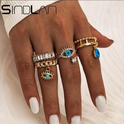 Metal 4PCs Punk Gold Full Crystal Evil Eyes Rings Set for Women Rhinestone Boho Girls Fashion Finger Jewelry Anillos Bague Femme