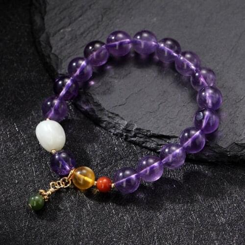 Natural Round Amethyst Beaded Bracelet for Women Exquisite Luxury Jewelry Gift Vintage Fine Bangles Charm Bracelet