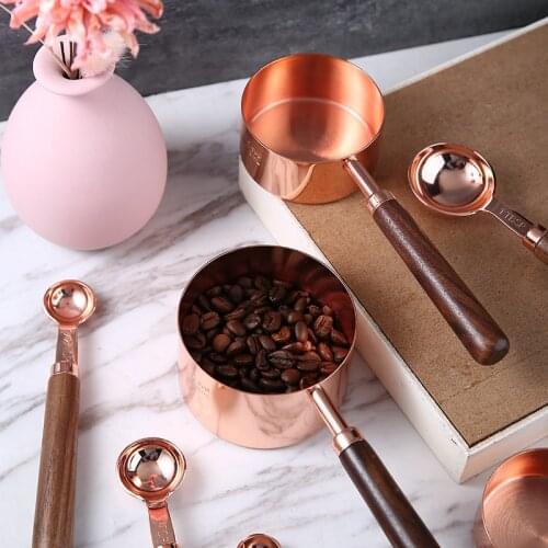 New Kitchen Measuring Spoons Set Walnut Handle Measuring Cups + Scoops For Flour, Sugar, Oats Grains 1.25-15ml / 60-250ml