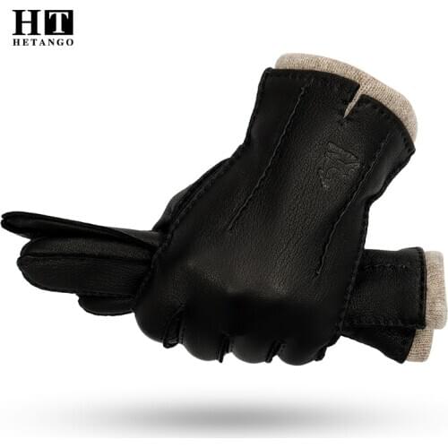 New Winter Mens Leather Gloves High-Grade Deerskin Hand-Sewn Warm Wear-Resistant Wave Pattern Cold-Proof Mitten 70% Wool Lining