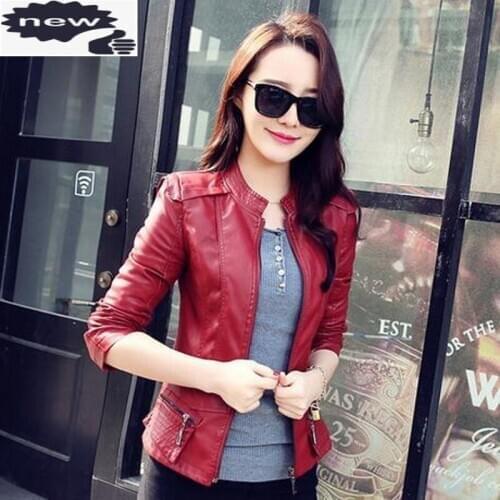 Autumn New Motorcycle Womens Faux Leather Jackets Fashion Slim Fit Stand Collar Long Sleeve Zipper Korean Female Short Coats