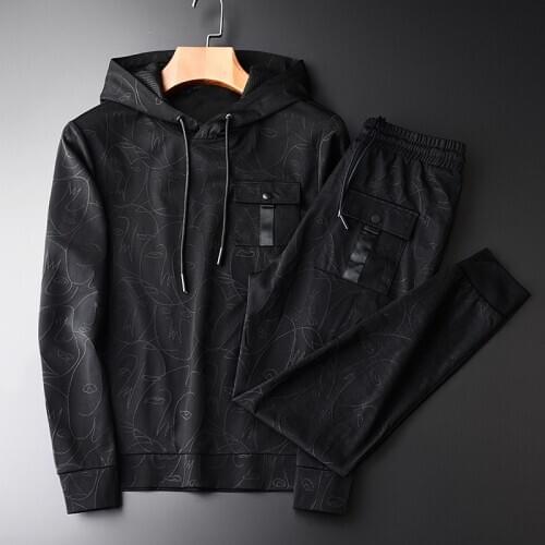 Autumn Fashoin Abstract Pattern Yarn-dyed Two-piece Hoodies Sets With Pants Black Hooded Sweatshirt Men