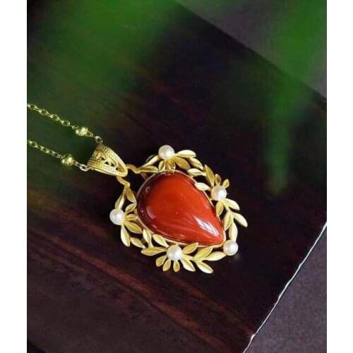 South Red Inlaid Sterling Silver 925 Olive Branch with Pearl Frosted Gold Pendant Necklace