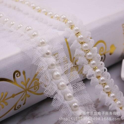 3cm Pleated Pearl Lace Trim Bubble Skirt Ruffled Lace Ribbon Beaded Lace Fabric Bow Headdress Accessories Wedding Decortion