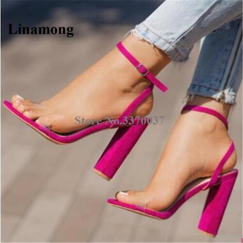 Women Fashion Open Toe One PVC Strap Chunky Heel Sandals Rose Red Ankle Strap Buckle Thick High Heel Sandals Dress Heels Shoes