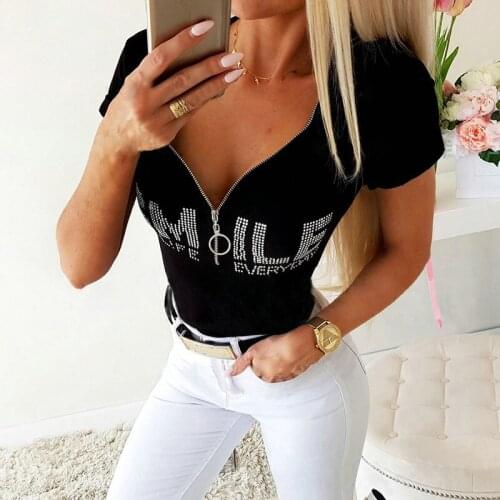 Sexy Tops and Shirt Summer Tops Women Sexy Low Cut Zipper Letter Printed Short Sleeve Skinny Women