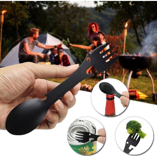 Tactical Spoon Fork Multifunctional Camping Cookware Spoon Fork Bottle Opener Portable Stainless Steel Picnic Tool Tableware