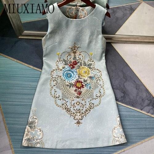 MIUXIMAO 2021 Spring Summer Party Dress Flower Diamonds Above Knee Tank Office Lady Dark Blue Casual Dress Women Vestidos