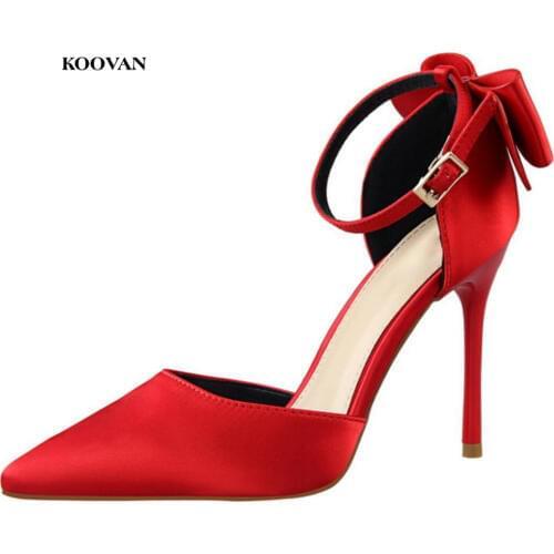 Koovan Womens Summer Shoes Pumps 2018 The Sweet Beautiful Shoes High-heeled Pointed Satin Hollow Bow Sandals For Women Girls