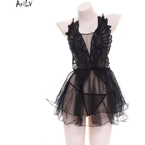 AniLV Women Girl Black Angel Wings Mesh Dress Costume Student Sexy Backless Swimsuit UniformPool Party Cosplay