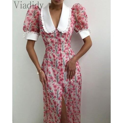 Women Fashion Vintage Puff Sleeve Lace Patchwork Print Maxi Dress