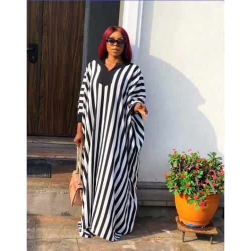 HOUSEOFSD Chic Dubai Turkey Stripes Printed Dress For Women African Casual Bat Sleeve Caftan Elegant Islamic Clothing Dresses