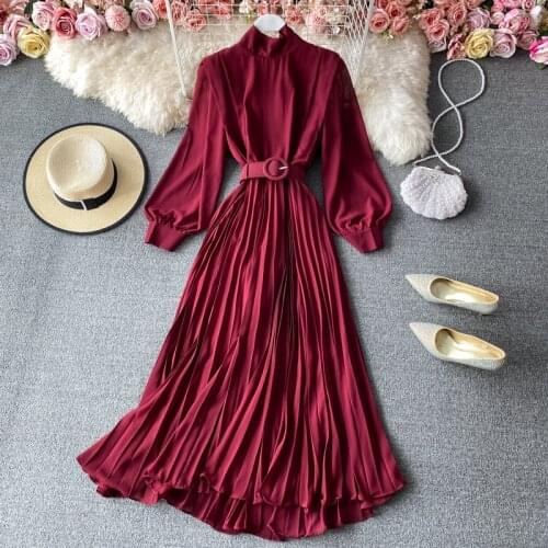 Luxury Dress High Waist Autumn A-Line Vintage Boho Elegant Spring Solid Wine Red 2021 Party Long Sleeve Pleated Dresses Women