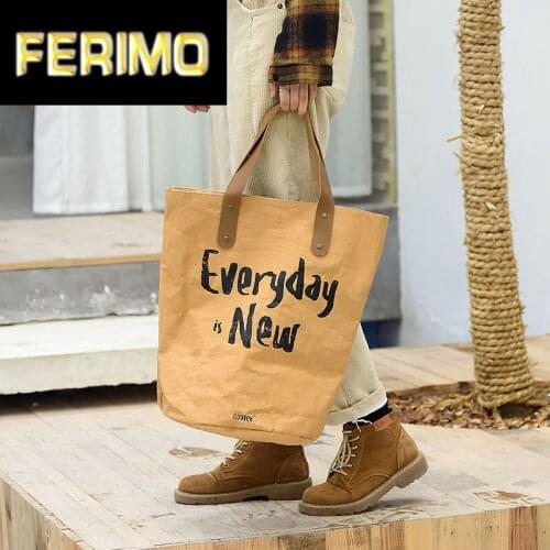 1pc Waterproof Tyvek Brown Kraft Paper Bag Durable Reusable Hand Bag Leakproof Retro Leisure Big Paper Gift Bag Tote Bag