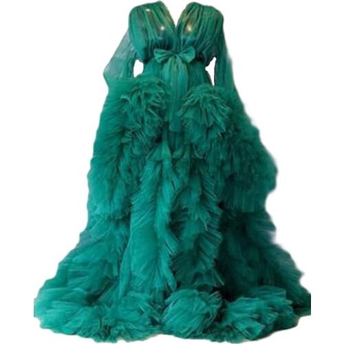 2021 Green Evening Dresses Pregnant Womens Tulle Robe for Maternity Photoshoot Sheer Puffy Burgundy Dressing Gown Long Bathrobe