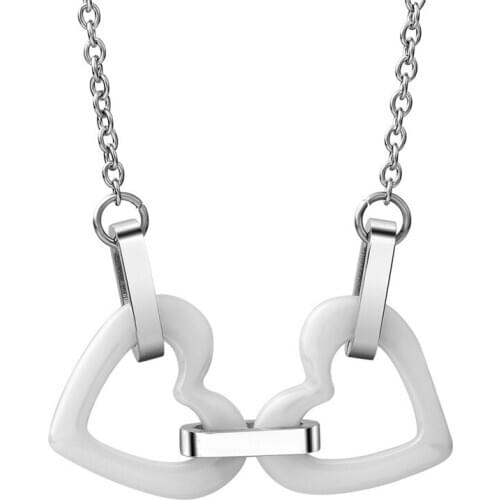 2021 New Fashion sweet Jewelry female Crystal from Swarovskis Double Heart White Ceramic Titanium Steel Necklace Fit Women