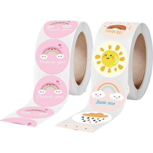 500Pcs/Roll Round Cartoon Thank You Stickers Cute Sun Rainbow Clouds Sticker For Handmade Gift Decor Labels Adhesive Stickers