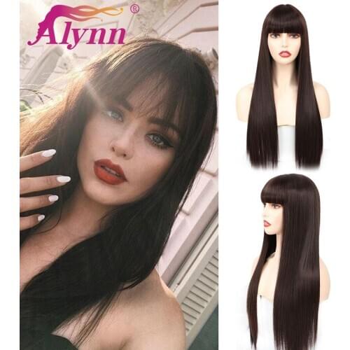 Alynn Long Straight Synthetic Hair Wig With Bangs Dark Brown Color For Women Daily Use Cosplay Party Wigs Heat Resistant Fiber