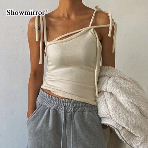 Showmirror G Irregular Bandage Streetwear Solid White Tank Top Summer Fashion Sleeveless Crop Tee Slim Club Tanks Camisole