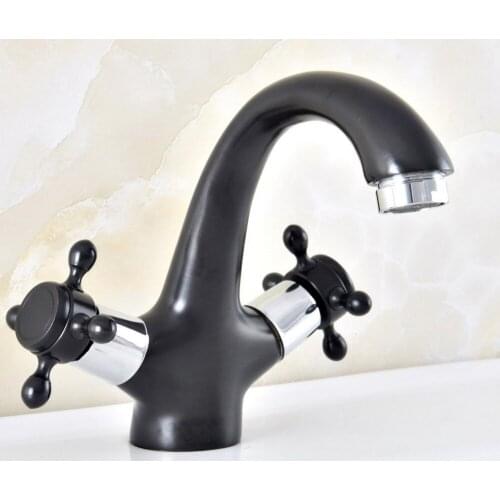Black & Chrome Brass Bathroom Basin Faucet Dual Handle Deck Mount Basin Vessel Sink Mixer Tap Nnf475