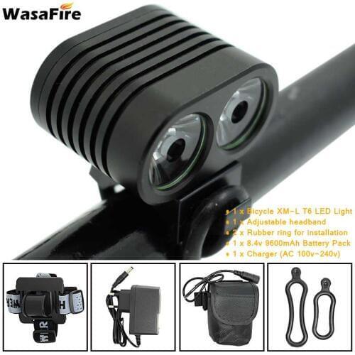 WasaFire XM-L2 T6 LED Bicycle Headlight Mini Bike Head Front Lights Cycling Flashlight with 18650 Battery Pack 6400mAh/9600mAh