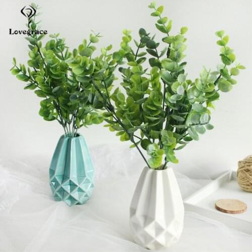 Artificial Plant Eucalyptus Plastic Fake Leaves Green Tree 7 Forks /Branch for Wedding DIY Decor Flower Arrangment Faux Foliage