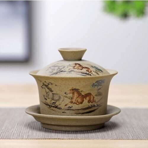 Jingdezhen Ceramic Gaiwan Retro Coarse Pottery Household Tea Set Handmade Tea Bowl Creative Travel Tea Cup Office Drinkware