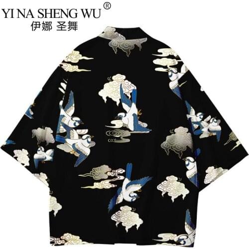 Janpanese Crane Print Coat Yukata Kimono Cardigan Loose Men Harajuku Japan Haori Summer Cosplay Asia Costumes Traditional Shirts
