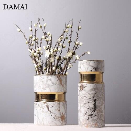 Chinese Golden Stroke Ceramic Vase Creativity Modern Wide Bore Countertop Vases Living Room Golden Marble Texture Flower Pots