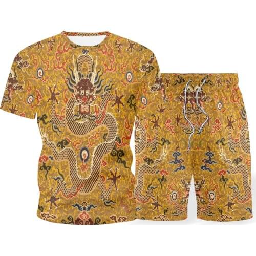 Summer mens sets T-shirt + shorts 2 new Chinese style short-sleeved retro sports top suit 3D printing dragon pattern shorts