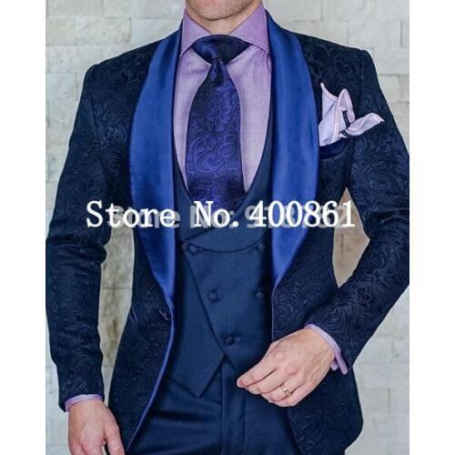 Handsome One Button Blue Paisley Groom Tuxedos Groomsmen Shawl Lapel Mens Suits Blazers (Jacket+Pants+Vest+Tie) W:1213