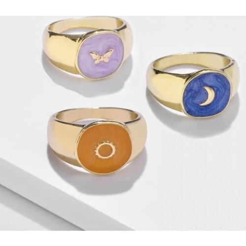 Trendy Moon Sun Butterfly Rings for Women Simple Colorful Enamel Round Thick Finger Ring Couple Party Jewelry Gifts