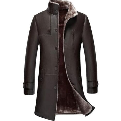 Plus Size 5XL Mens Single-breasted Long Trench Coat Leather Winter Warm Fur Lining Jackets Outerwear Parka