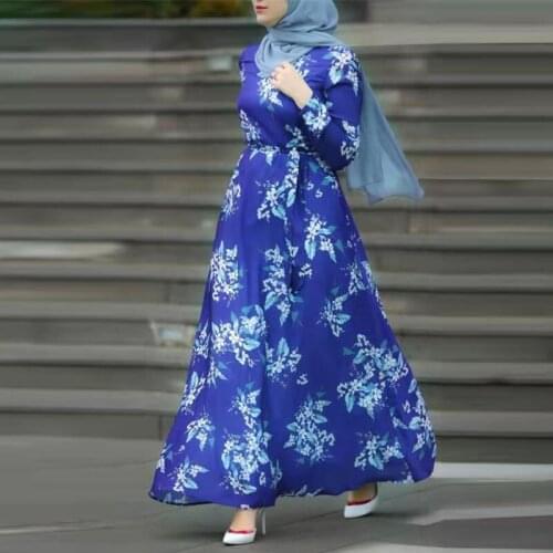 Newest Floarl blue Muslim Dress Robe Abaya Syari female Evening Gown Muslim Abaya Worship Service abayas With Belt WY17
