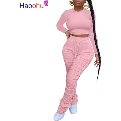 HAOOHU Active Wear Womens Set Long Sleeve T-shirt Stacked Bellbottom Pants Suit Tracksuit Sport Two Piece Set Fitness Outfit