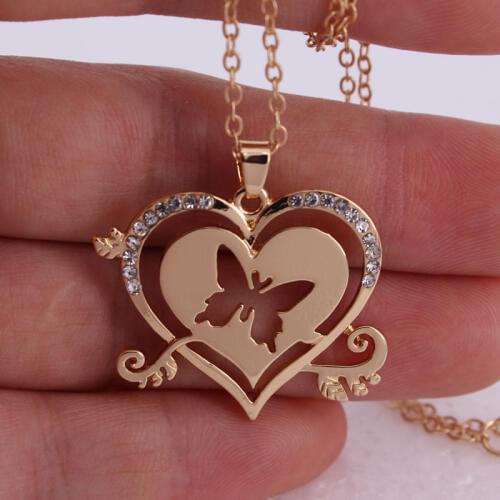 Hzew new two heart cute butterfly pendant necklace two colors butterfly necklaces gift