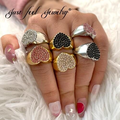 JUST FEEL Bling Full Rhinestone Heart Rings for Women Fashion Luxury Gold Silver Color Metal Geometry Rings Statement Jewelry