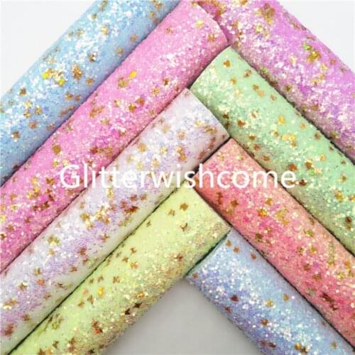 Glitterwishcome 21X29CM A4 Size Crystal Chunky Glitter Leather with Gold Butterfly, Glitter Fabric Sheets for Bows, GM921A