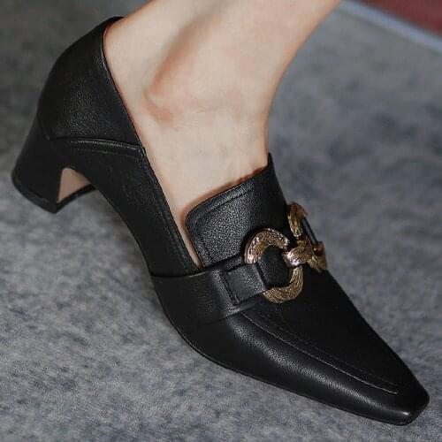 Womens genuine leather thick med heel square toe slip-on pumps OL style female soft comfortable daily heels shoes for women hot