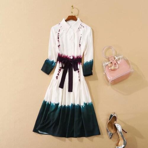 American European womens and clothing 2021 autumn new style Seven-point sleeve lapel lace-up Fashion gradient dress