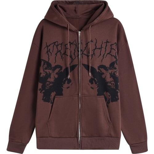 Couple Hip Hop Streetwear Hoodie Dark Angel Printing Coat Y2K Harajuku Autumn Winter Punk Outwear Zipper Women Tops Jacket