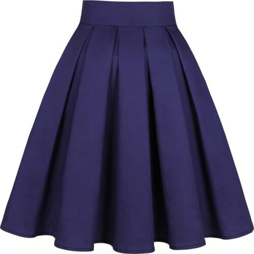 Women Cotton Navy Blue Rose Black Skirt SS0012 50s 60s Hepburn High Waist Vintage Retro egirl Skater Pleated Skirt