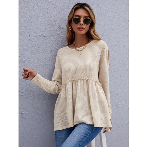 2020 Limited Women Sweaters Full Cotton Feminina Top 2021 Round Neck Solid Waffle Pleated Casual Long-sleeved Ladies Sweater