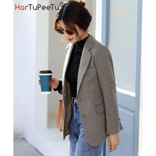 Slim Fit Blazer Jacket Women 2021 Spring Autumn Woolen Plaid Office Coat With Pockets Casual Double Breasted S~2XL Outerwear Top
