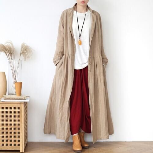 2020 New Japan Style Trench Coat Women Cotton & Linen Long Coats Solid Loose Sleeved Oversized Autumn Overcoat Casual Outwear